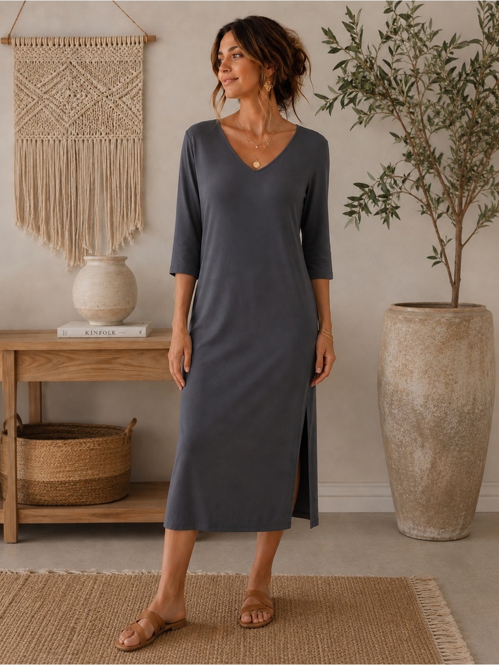 J Jill Gray Midi Dress with Side Slits and 3/4 Sleeves size L